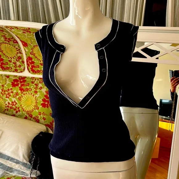 Authentic Chanel Navy Cotton tank top/shirt good condition. Dress it up and down